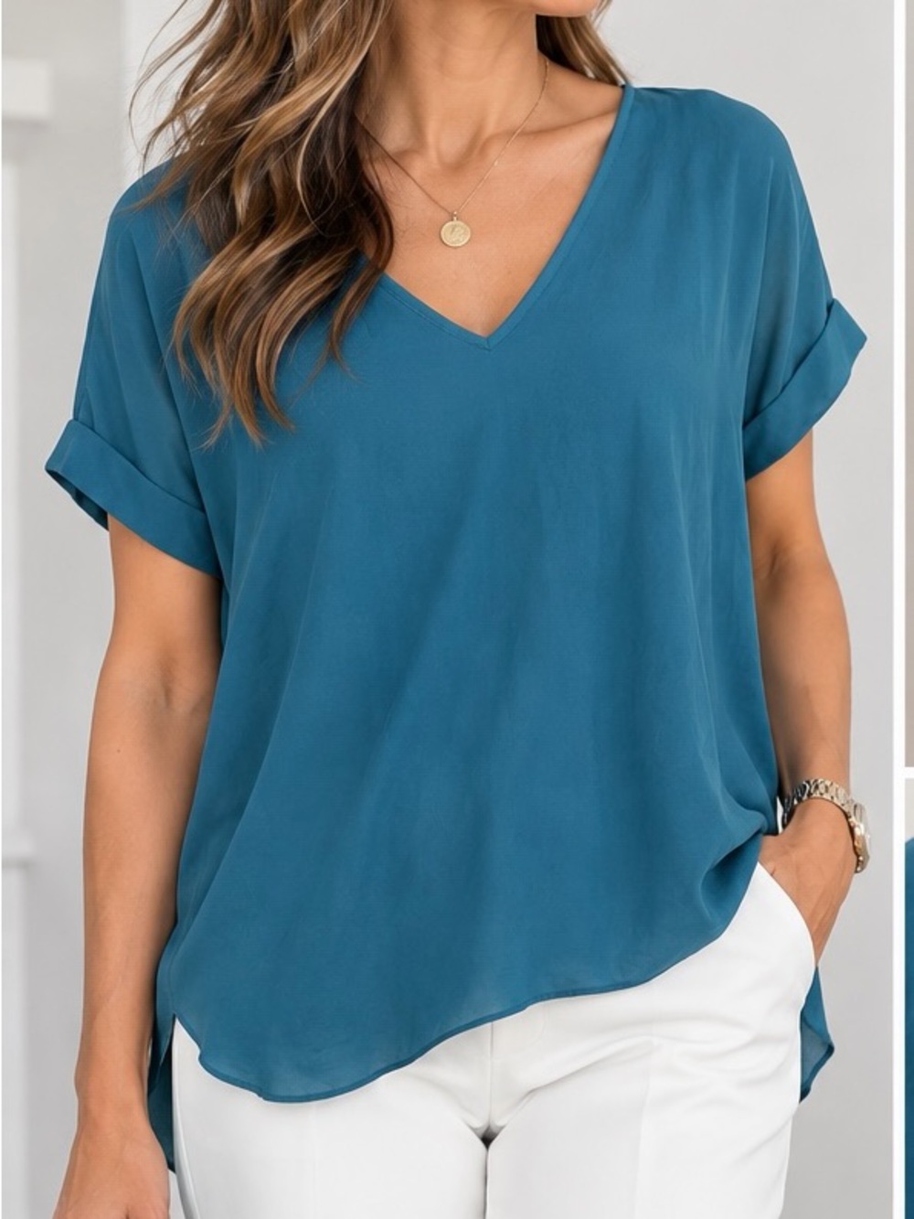Lush Teal V-Neck Roll Sleeve Blouse